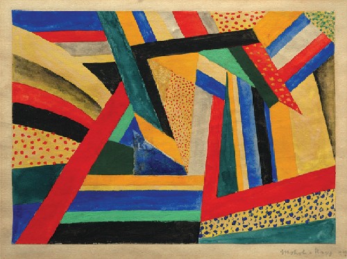 A constructivist artwork called 'Földek' by László Moholy-Nagy (c. 1920), it looks like colorful lines intersecting at different angles
