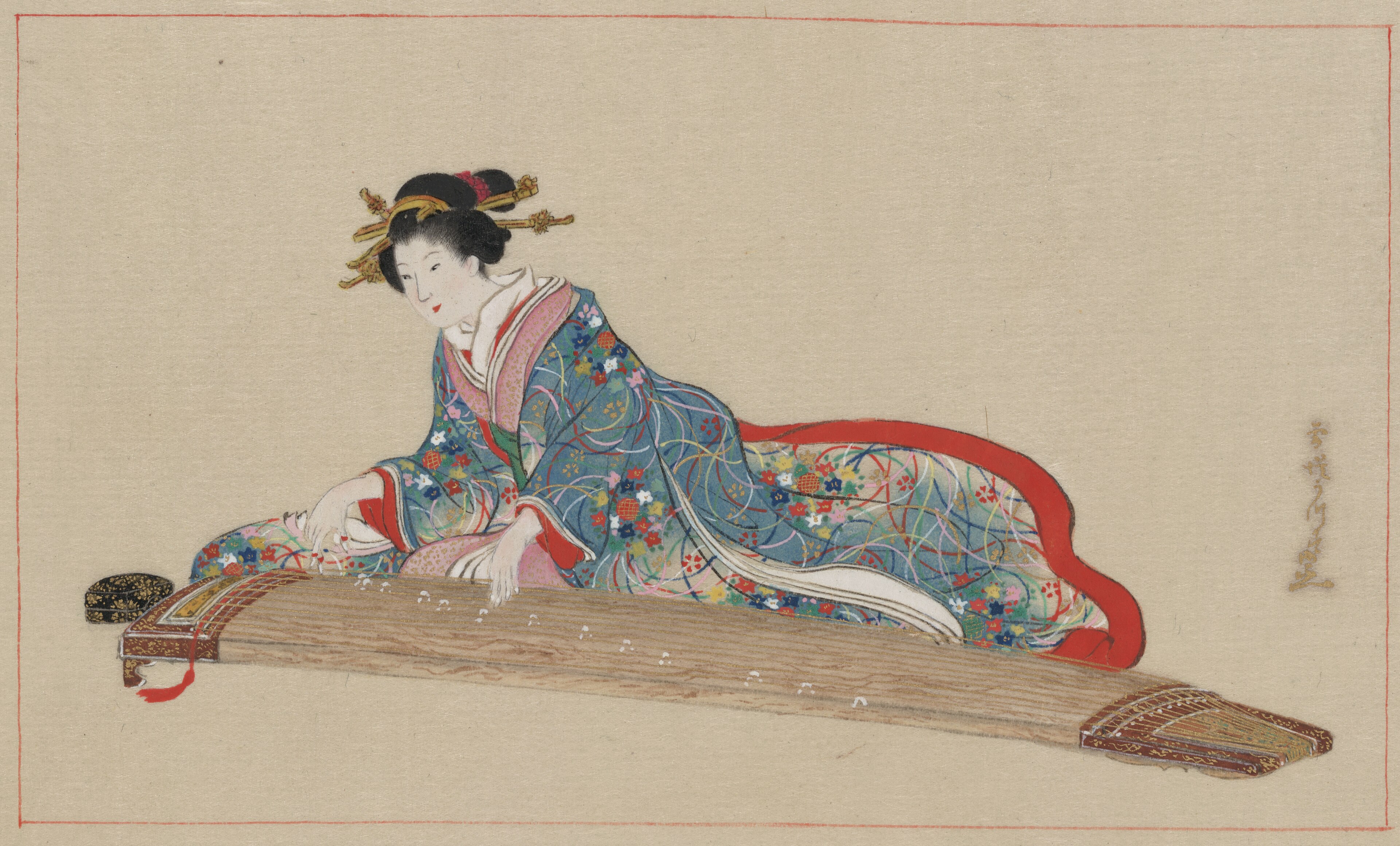 The image shows an 1878 depiction by Settei Hasegawa of a woman playing the koto.
